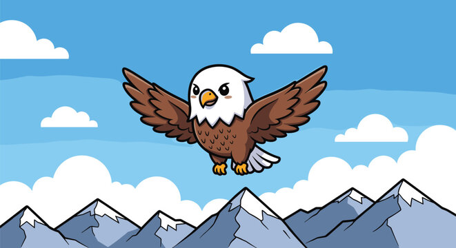 Cartoon Bald Eagle Vector Flying Over Mountain Range with Clouds &ndash; Majestic Bird of Prey Illustration for Nature and Wildlife Themes