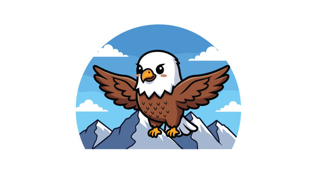 Cartoon Bald Eagle Vector Standing on Mountain Peak with Open Wings &ndash; Majestic Bird of Prey Illustration in Nature Scene