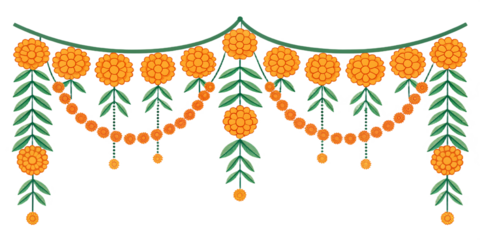 Traditional indian marigold flower garland and green leaf decoration, a festive and cultural element often used for celebrations and religious ceremonies, isolated on transparent background