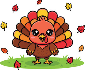 Cute Cartoon Turkey Vector Standing on Grass with Autumn Leaves – Fun Thanksgiving Animal Illustration for Kids and Fall Themes