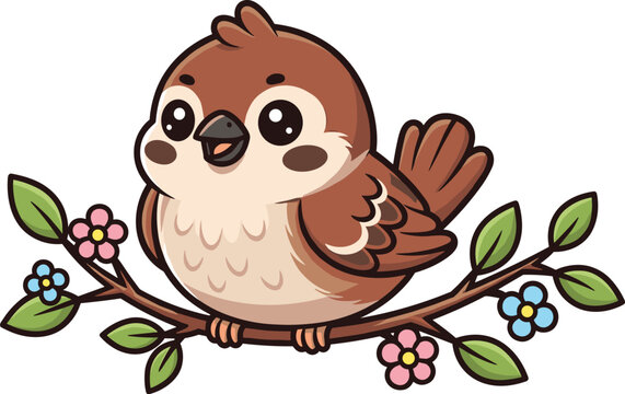 Cute Cartoon Sparrow Vector Sitting on Flowering Tree Branch &ndash; Fun Little Bird Illustration for Spring and Nature-Themed Kids Projects