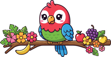 Cute Cartoon Parrot Vector Sitting on Tropical Branch with Fruits and Flowers – Fun Colorful Bird Illustration for Kids and Summer Designs