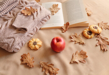 autumn cosy flatlay, sweater and book, fall mood