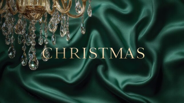 Premium white gold CHRISTMAS text on emerald green silk with crystal chandelier reflections