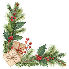Watercolor christmas corner decoration with gifts and holly