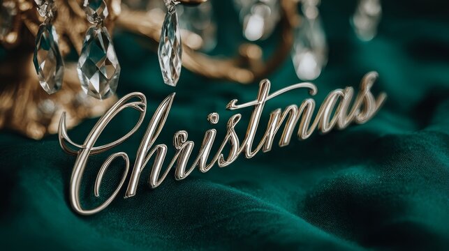 Premium white gold CHRISTMAS text on emerald green silk with crystal chandelier reflections