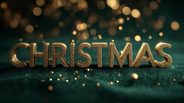 Luxury gold CHRISTMAS letters floating above elegant dark green velvet with sparkling bokeh lights