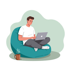 Hand Made Man working on laptop in beanbag chair vector illustration of freelancer at home relaxing with coffee