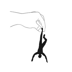 Surreal Illustration of a Giant Hand Lifting a Small Man by the Foot – Symbolic Concept of Power, Control, and Vulnerability