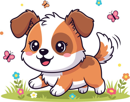 Cute Cartoon Puppy Vector Running in Meadow with Flowers and Butterflies &ndash; Adorable Dog Illustration for Kids and Spring Themes