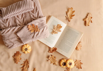 autumn still life with leaves, autumn cosy flatlay, sweater and book, fall mood