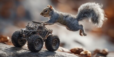 Obraz premium Playful Gray Squirrel Jumping onto Miniature Monster Truck
