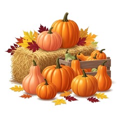 Illustration of assorted pumpkins and gourds in a wooden crate and on a hay bale with fall leaves on a white background.