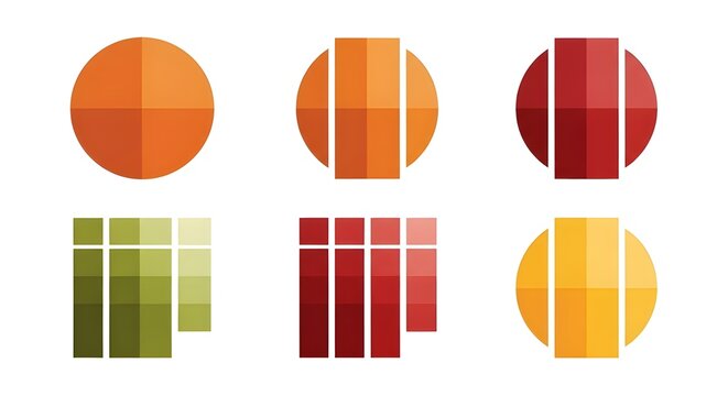 A collection of colorful geometric shapes with white lines on a plain white background.