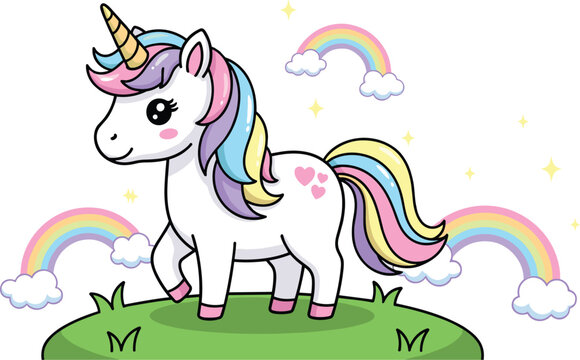 Cute Cartoon Unicorn Vector Standing on Grass Hill with Rainbows and Clouds &ndash; Magical Fantasy Animal Illustration for Kids Projects