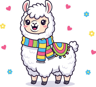 Cute Cartoon Llama Vector with Colorful Blanket and Scarf &ndash; Fun Alpaca Illustration with Hearts and Flowers for Kids and Boho-Themed Designs