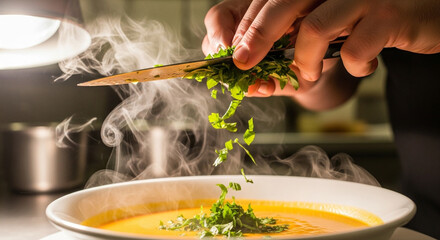 Chef preparing delicious pumpkin soup by adding fresh parsley, creating a culinary masterpiece with vibrant flavors and aromatic herbs in a professional kitchen