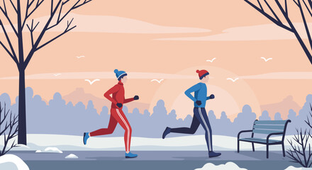 Two runners in winter attire jogging together on snowy path at sunrise
