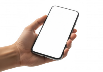 Hand holding blank screen smartphone isolated on a transparent background