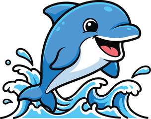 Cute Cartoon Dolphin Vector Jumping Over Waves – Fun Ocean Animal Illustration for Kids and Summer-Themed Designs