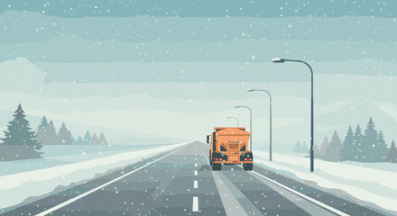 Snow plow truck clearing snowy road in winter landscape with falling snow
