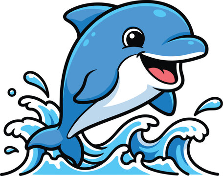 Cute Cartoon Dolphin Vector Jumping Over Waves &ndash; Fun Ocean Animal Illustration for Kids and Summer-Themed Designs
