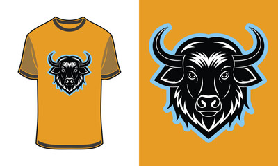 Stylized Tshirt mockup Bison Head Graphic With Curved Horns Blue Outline vector