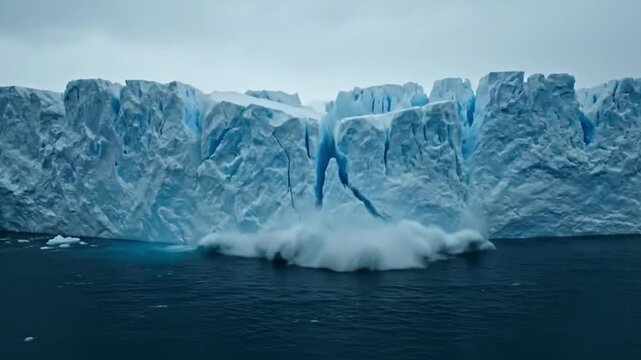 Massive glacier calving event, crashing into the arctic ocean. Climate change.