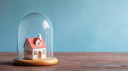 Small house model protected under a glass dome on rustic wooden surface © ABmachine