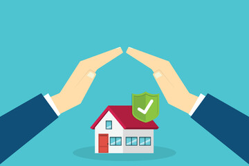 House with a protective hands. For security concepts, protection of private property. Insurance, mortgage, credit.	
