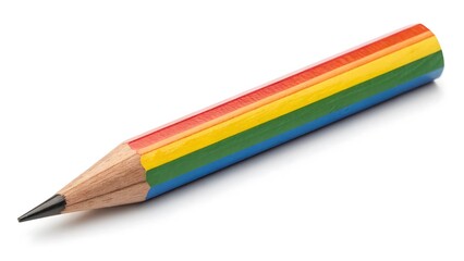 A sharpened pencil with rainbow-colored wood layers, vibrant and minimal, isolated on white.