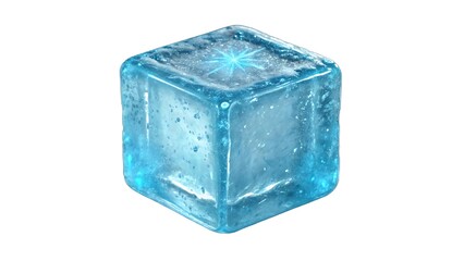 A single blue ice cube with frosty texture and glowing edges, isolated on transparent background.