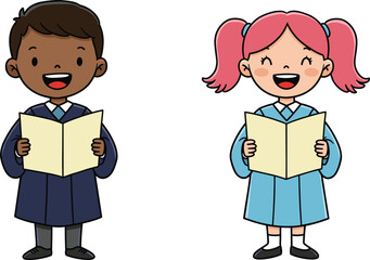 Cartoon Choir Children Singing Vector Featuring Robes, Music Sheets, Performance Pose, Joyful Expression, School Music, Educational Activity Illustration