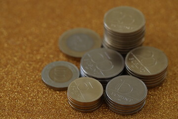 Many Hungarian forint coins in big pile. Forint is a Hungarian currency instead euro