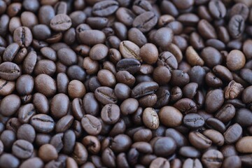 Roasted coffee beans background in warm dark scene