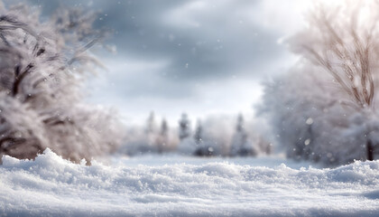 Winter landscape with fresh white snow and copy space for product placement or text. Blurred snow-covered trees and cloudy winter sky background