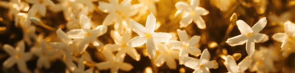 Fototapeta premium Close up view of delicate white flowers bathed in warm sunlight