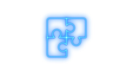 Blue glowing neon jigsaw puzzle icon isolated on transparent background, concept, challenge, assemble, complete, logical thinking, or cooperation