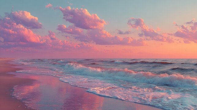 Beautiful sunset over calm ocean with colorful pink and orange sky, gentle waves, scenic horizon, peaceful seascape, tranquil waters, and vibrant clouds