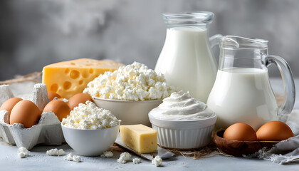 Fresh dairy products, milk, cottage cheese, eggs, yogurt, sour cream and butter on kitchen table