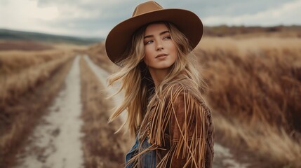 A young Caucasian woman with long blonde hair wears a brown hat and a fringed suede jacket. She stands on a dirt path surrounded by tall grass, showcasing a western chic style.