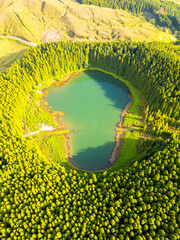 Forest, Pastureland and Lake Lagoa do Canario on Sunny Evening. Azores, Sao Miguel Island,...