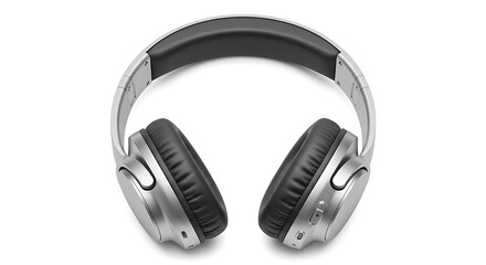 A pair of modern headphones in shiny silver metallic finish, minimal and trendy, isolated on white.
