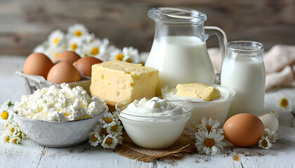 Fresh dairy products, milk, cottage cheese, eggs, yogurt, sour cream and butter on kitchen table