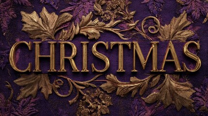 Opulent brass CHRISTMAS text on rich purple velvet background with golden leaf accents