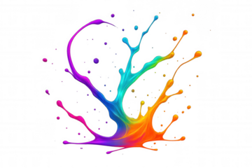 Vibrant rainbow paint splash creating dynamic liquid art, abstract colorful design with drops, transparent background