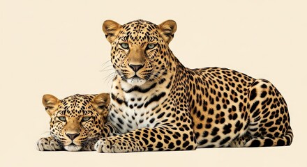 Two beautiful leopards resting peacefully together