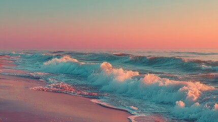 Beautiful ocean waves crashing on the shoreline during sunset with vibrant sky colors, scenic coastal landscape, tranquil water, and peaceful outdoor scenery