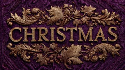 Opulent brass CHRISTMAS text on rich purple velvet background with golden leaf accents
