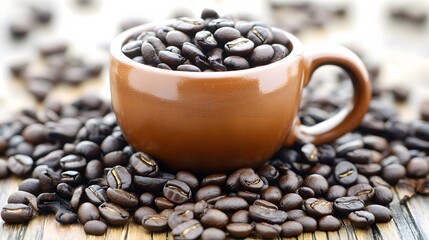 Fototapeta premium Aromatic coffee beans overflowing in ceramic cup on wooden surface